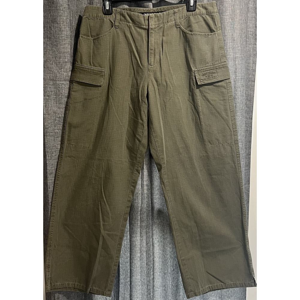 DKNY Pants Womens 10 Cargo Pockets Zip Front Wide Leg Cotton light olive green